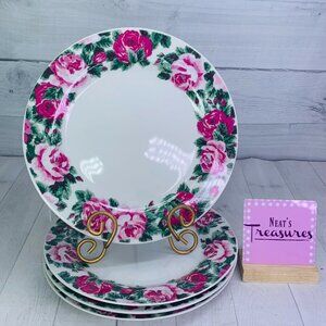 Gibson BOUQUET Pink Floral Border Green Leaves Stoneware Dinner Plates Set of 4